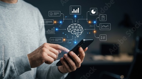 Businessman using smartphone to interact with holographic AI brain and data analytics interface for smart decision making, artificial intelligence, machine learning modern technology business concept