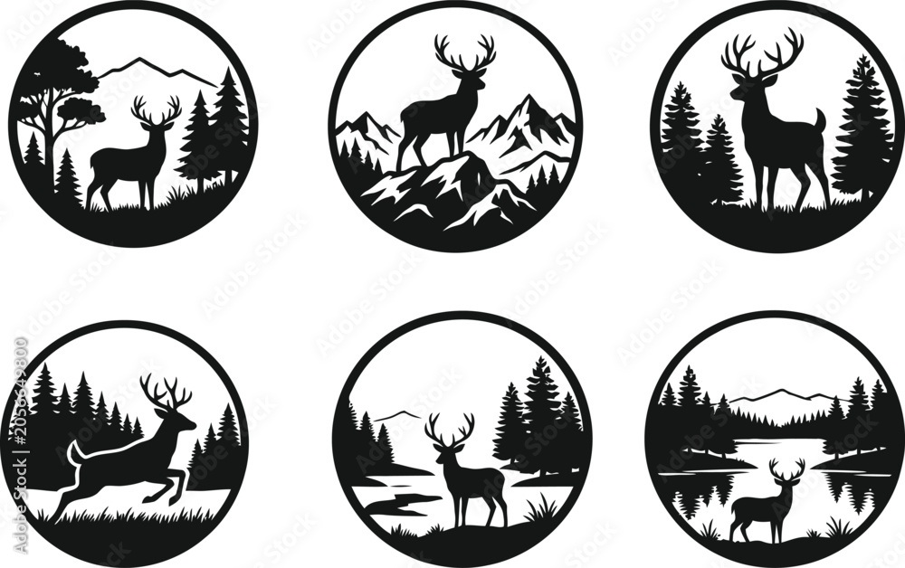 Fototapeta premium Deer And Forest Scene Circular Silhouettes Repeating Pattern Silhouette