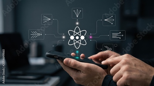 Konstfotografi Businessman using smartphone with glowing atomic network and futuristic info flo