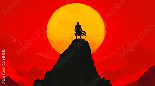 Warrior sunset peak silhouette, mountainscape, game art