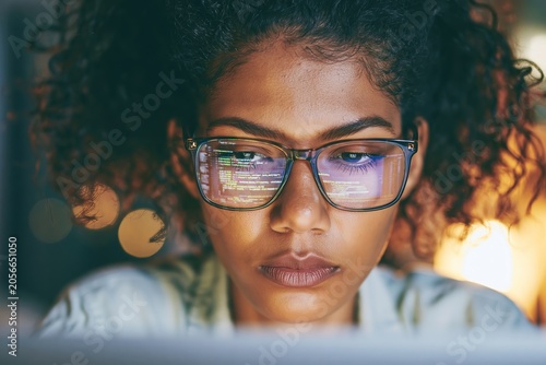 Focused woman wearing glasses with code reflected in lenses working late at night