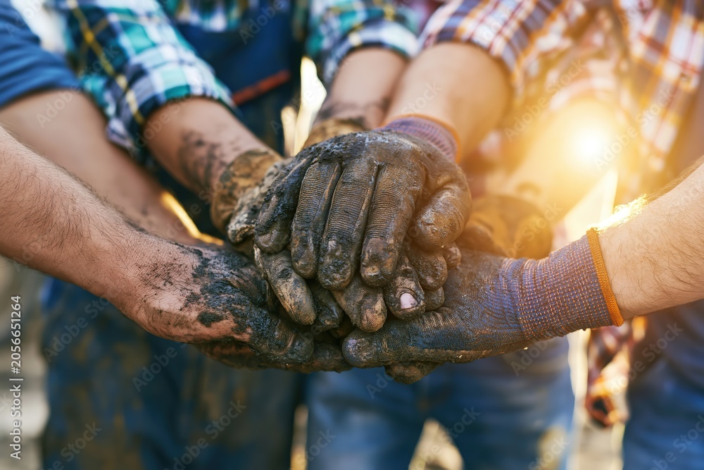Fototapeta premium Teamwork and unity shown through hands covered in mud and dirt, symbolizing hard work
