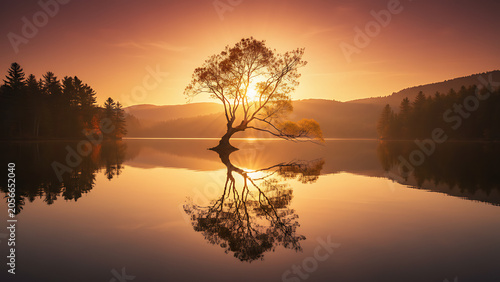 Serene autumnal landscape featuring a solitary deciduous tree with vibrant golden foliage standing by a tranquil mirror-like lake during a spectacular orange sunset horizon glow.