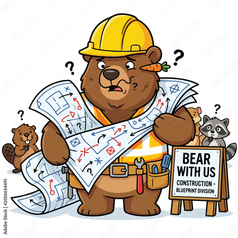 Fototapeta premium Funny bear mascot wearing hard hat and safety vest confused by complex construction blueprints with other animals