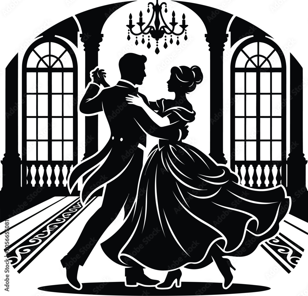 Fototapeta premium Dancing couple silhouette against an arched window and chandelier backdrop ballroom dance waltz black and white monochrome vector illustration formal wear gowns tuxedos floor interior design romantic