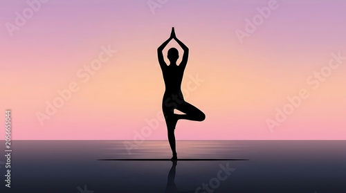 Silhouette of a person in a yoga tree pose against a serene sunset sky.