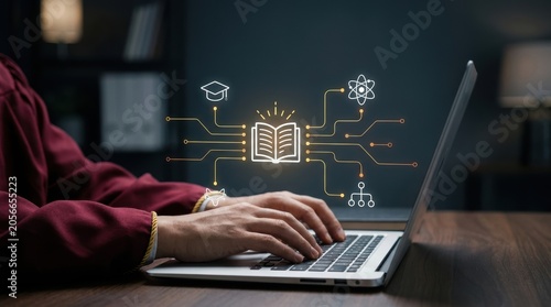 Obraz na plátně Student in academic regalia typing on a laptop with a glowing digital education