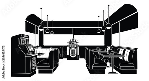 Diner interior with booths jukebox and tables black silhouette