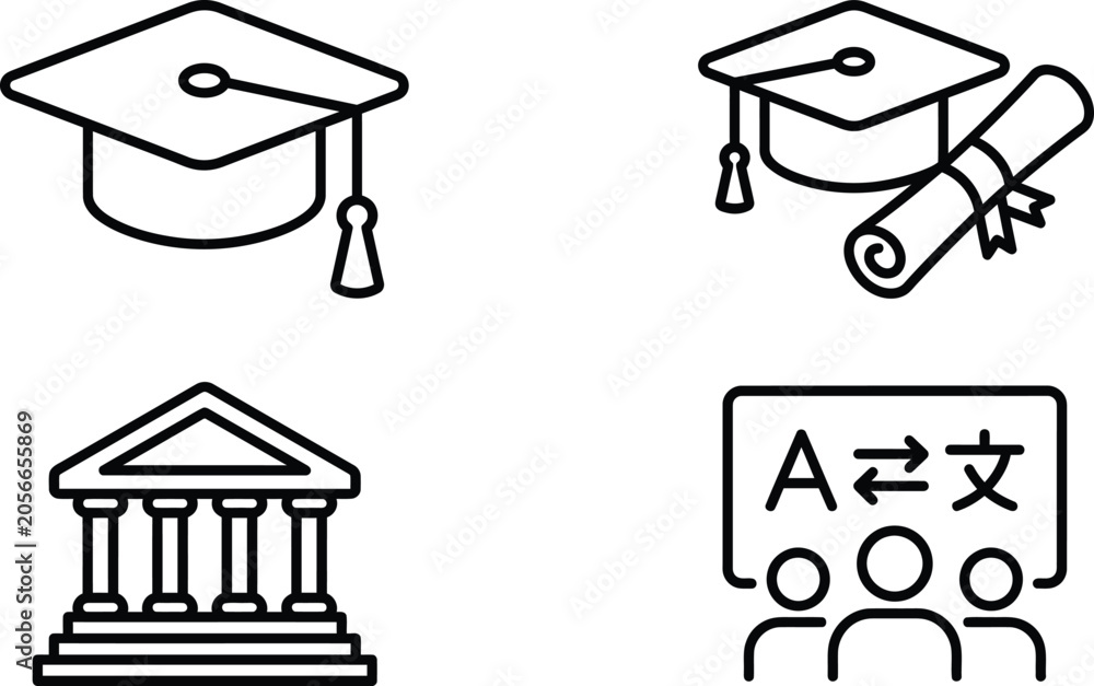 Fototapeta premium Graduation Cap Icons, Education and Language Learning Line Art Set