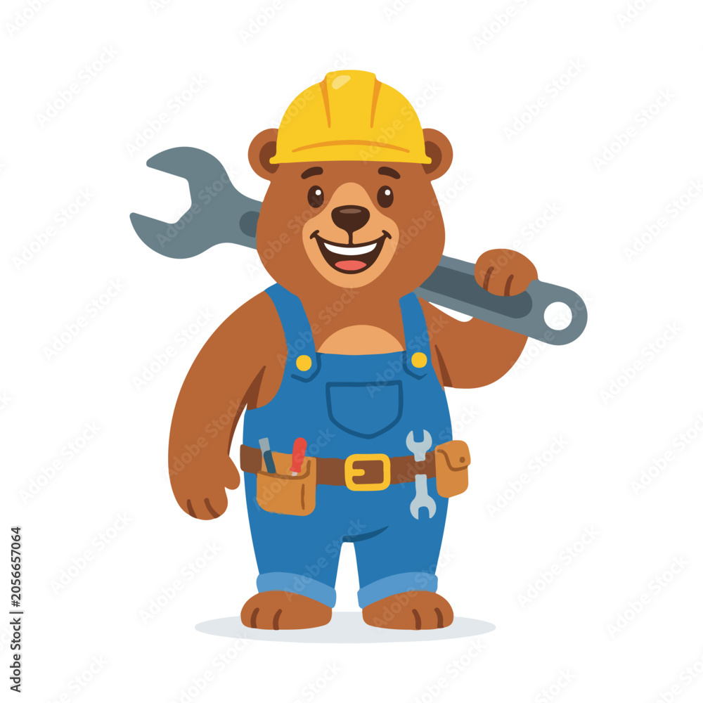 Fototapeta premium A funny bear mascot wearing a hard hat and overalls holds a large wrench, ready for construction work