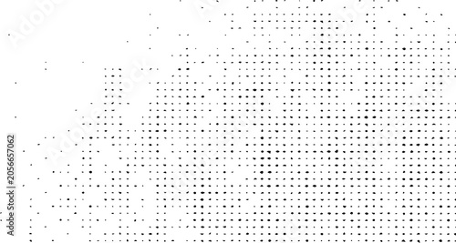 Abstract black halftone pattern. Textured distressed graphic dots and geometric flecks forming a rough overlay