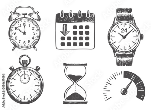 Canvas-taulu A collection of hand-drawn timekeeping including clocks, a calendar, a stopwatch