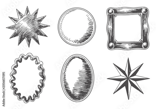 A collection of hand-drawn vintage style frames, badges, and geometric shapes in a style
