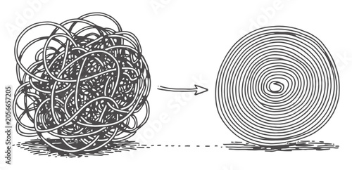 A conceptual showing a tangled mess of lines being organized into a neat, orderly spiral shape