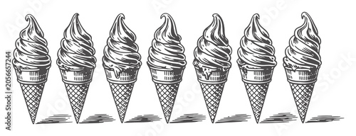 A row of seven vintage-style hand-drawn soft serve ice cream cones in black and white ink