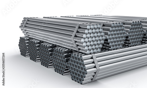 Stainless steel pipes stacked in bundles 3d