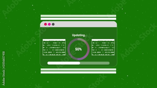 Software update progress bar with data processing animation on green screen