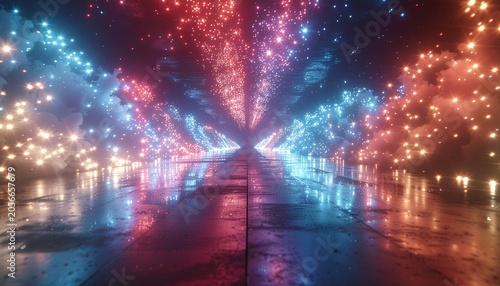 Red white blue fireworks on wet road for patriotic night event