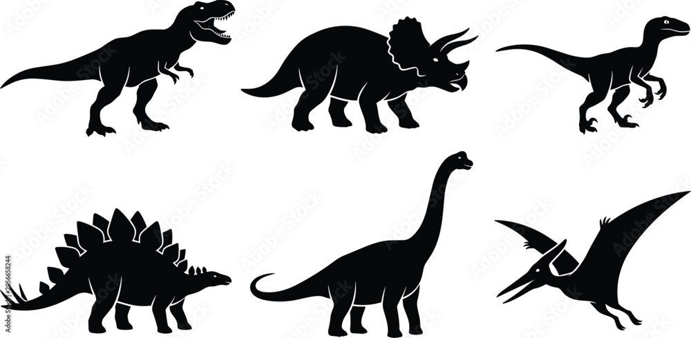 Fototapeta premium Dinosaur Silhouette Collection Featuring Tyrannosaurus Triceratops Velociraptor Stegosaurus Brachiosaurus and Pterodactyl Vector Illustration Set