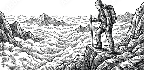 Obraz na plátně Hiker with backpack on mountain peak detailed engraving style illustration