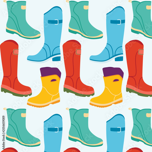 Autumn rubber boots for rainy weather, autumn rubber footwear with different designs, waterproof boots vector illustration.