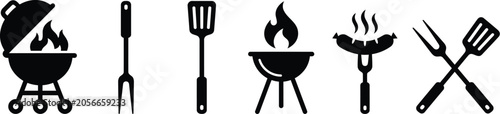 Barbecue Icons, Grill Tools and Flame Vector Collection