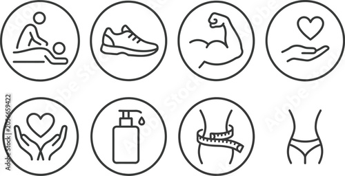Health and Wellness Icons, Fitness Massage Skincare and Body Care Set