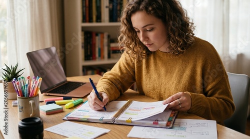 Young woman diligently organizing notes and planning tasks in her planner