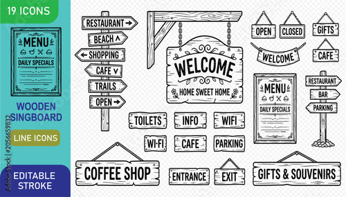 Bild auf Leinwand Collection of wooden singboard line icons for business, restaurant, cafe, shop,