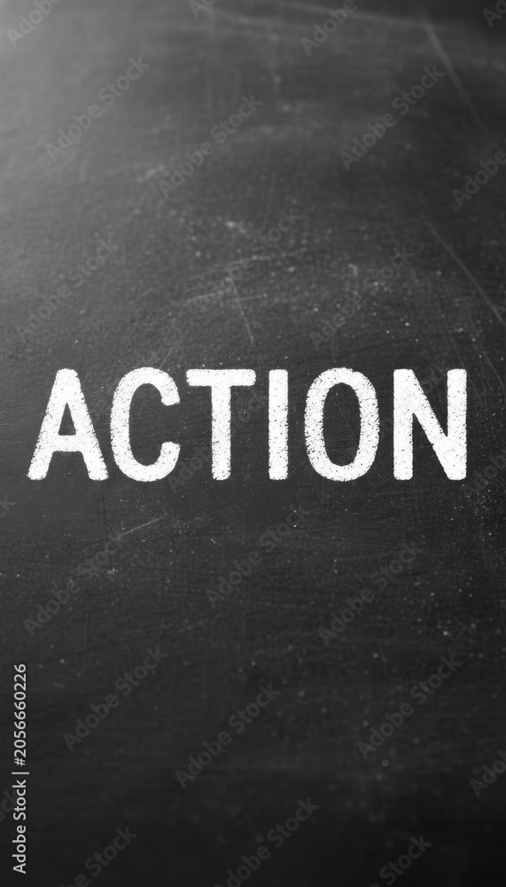 Fototapeta premium Bold White Text 'ACTION' on a Dark Blackboard Background