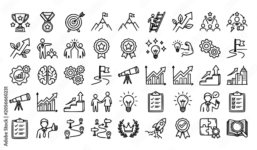 Fototapeta premium Doodle career icon set with success winner business goals challenge and professional growth symbols