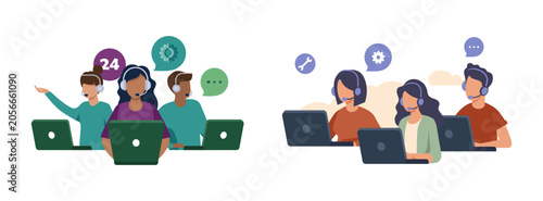 Customer service and support team working on laptops with customer operator communication business assistance consultant technology professional employee corporate technical connection