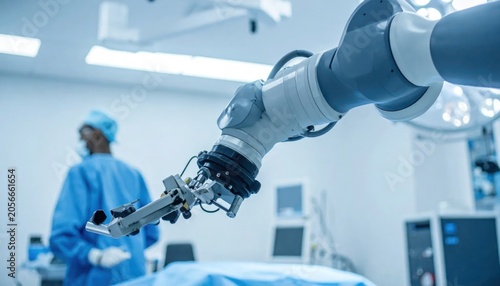 Advanced Robotic Surgical Arm Positioned in Bright Modern Operating Room