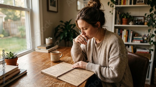 Woman thoughtfully reviewing her goals and plans in a notebook at home