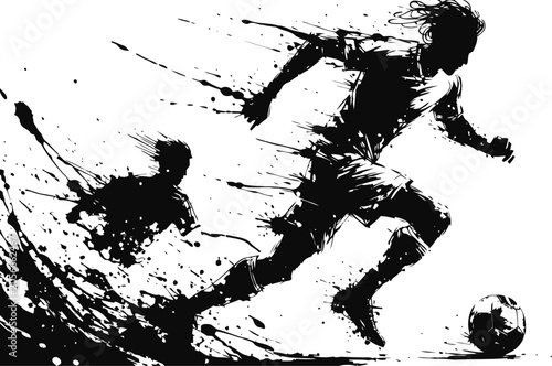 Dynamic soccer player silhouette dribbling ball with splatter effect and motion strokes