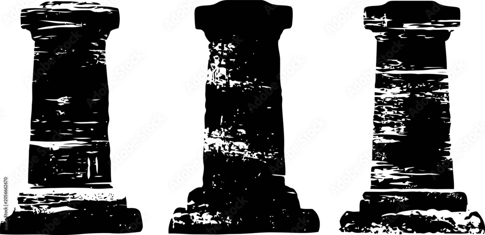 Naklejka premium Three ancient stone columns silhouette isolated on white background