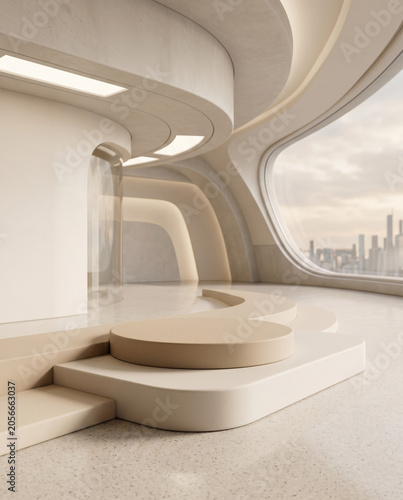 Luxury Minimal Product Podium in Futuristic Studio with Soft Beige Lighting and Empty Copy Space
