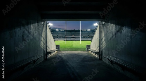 View from the tunnel leading onto a professional rugby stadium pitch at night.