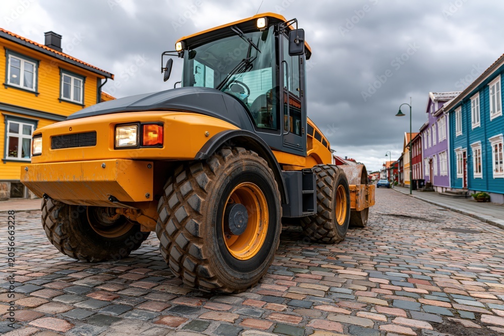 Fototapeta premium Yellow construction vehicle dominates cobblestone street