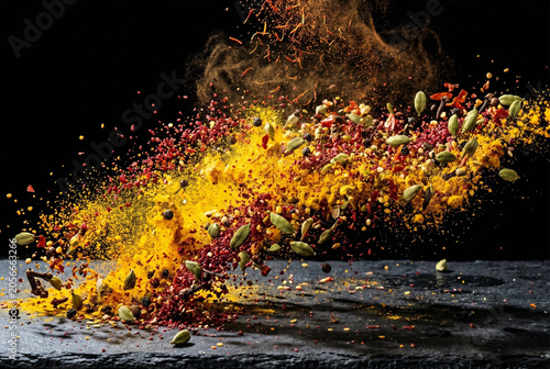 Exploding Exotic Spices in Motion with Turmeric Sumac and Cardamom High Speed Food Photography