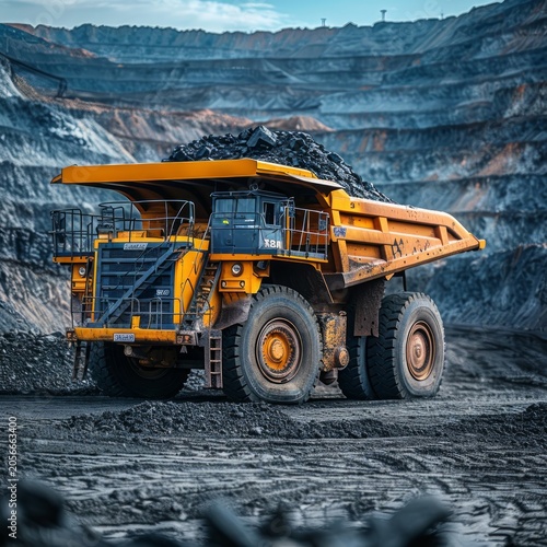 The industrial site at the openpit mine is bustling with yellow mining trucks and heavy machinery on a sunny day