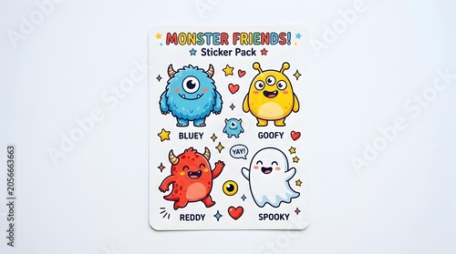 Monster friends sticker pack template with cute named cartoon characters vector illustration