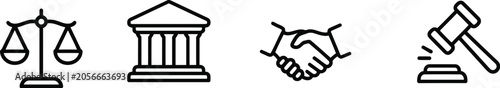 Justice Icons, Scales Courthouse Handshake and Gavel Symbols