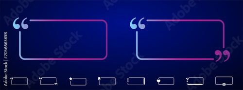 Modern quote text boxes with neon gradient frames on a dark blue background. Abstract blank citation templates with quotation marks and line borders for message or testimonial.