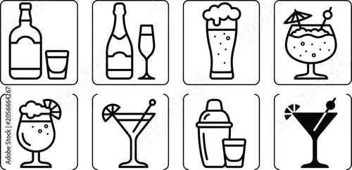 Alcoholic Drink Icons, Beer Wine Cocktail and Spirit Set