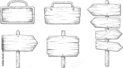 Bild auf Leinwand Wooden Signboard and Briefcase Vector Illustrations