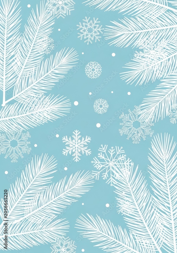 Obraz premium Elegant Winter Background with White Pine Branches and Snowflakes on Light Blue for Christmas and New Year Designs