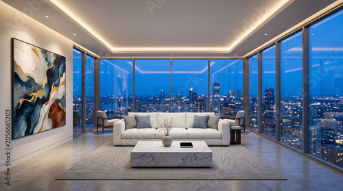 Luxury modern penthouse living room with city skyline view