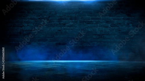 Dark Brick Wall with Blue Neon Light and Smoke Effect on Floor