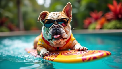 Bulldog wearing sunglasses rides a colorful surfboard in a swimming pool surrounded by tropical plants and vibrant flowers in a sunny outdoor setting